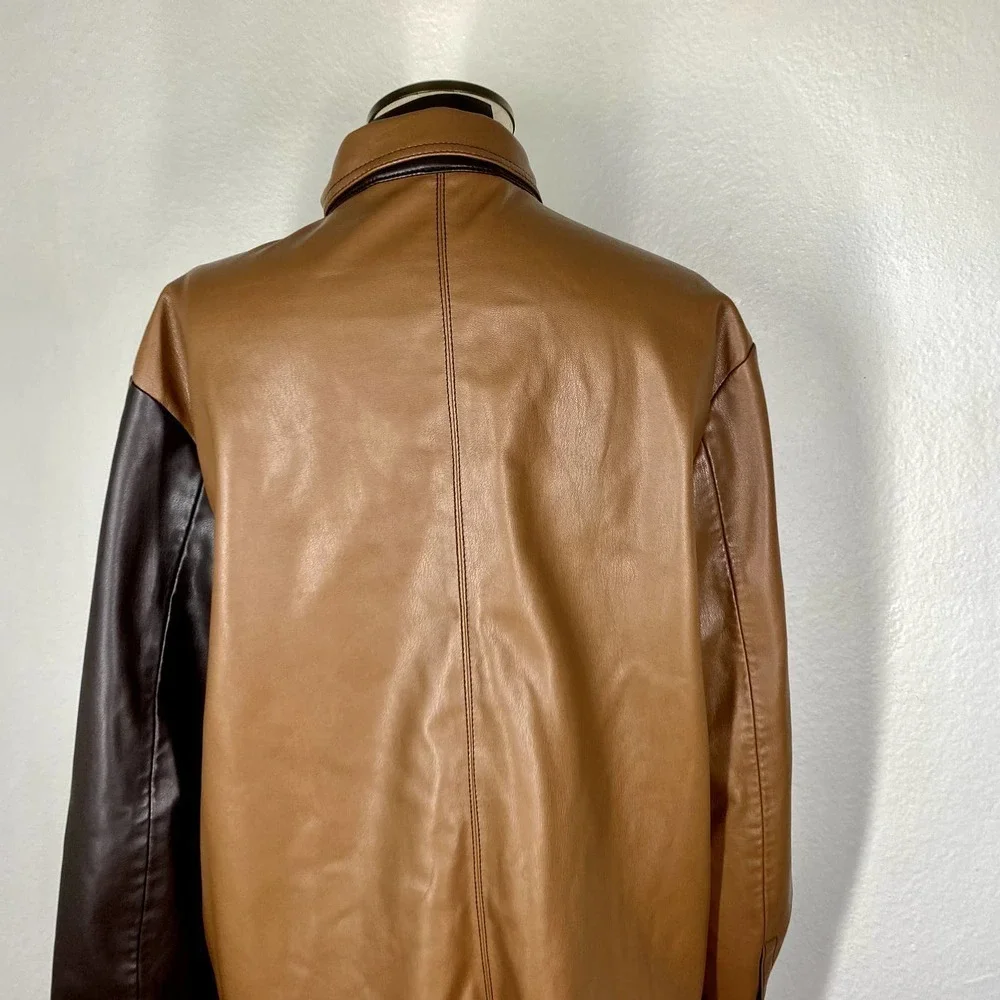 SFIZIO Faux Leather Patchwork Shacket  Brown and White Women's Size M - Picture 8 of 11